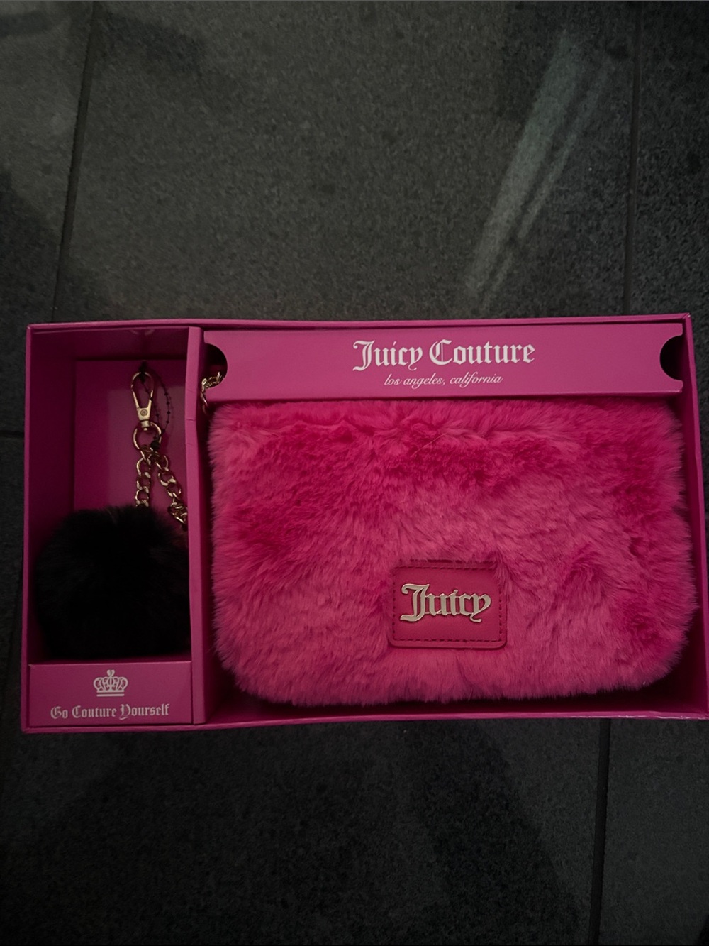 Juicy Couture Hot Pink Faux Fur Clutch with Black Pom Keychain
